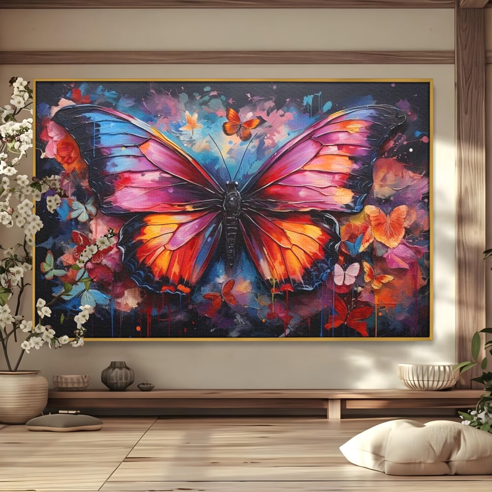 Tablou canvas cu tablou canvas cu fluture central multicolor, in rama de aluminiu auriu